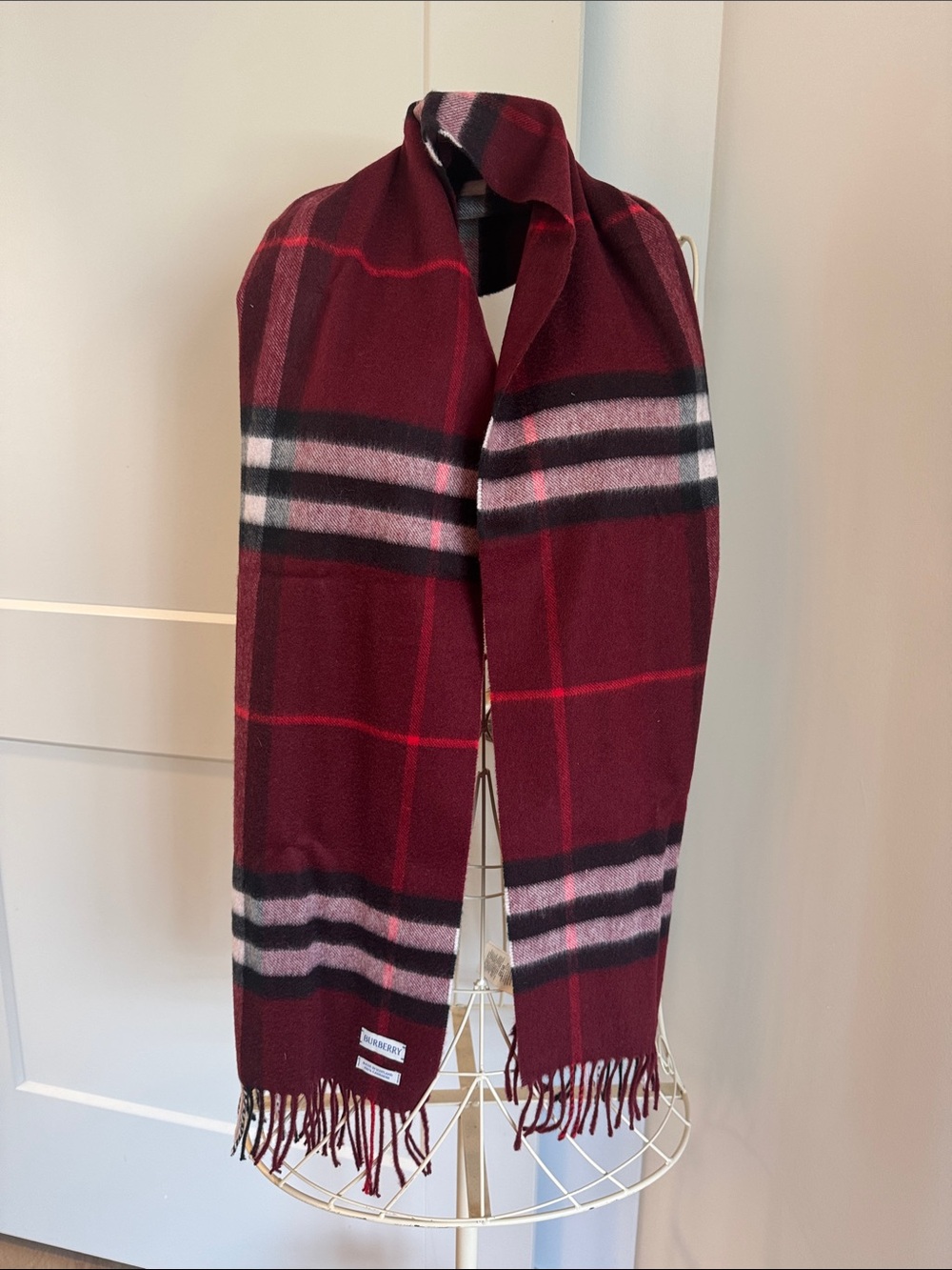 Burberry Classic Cashmere Burgundy Plaid Fringe Scarf